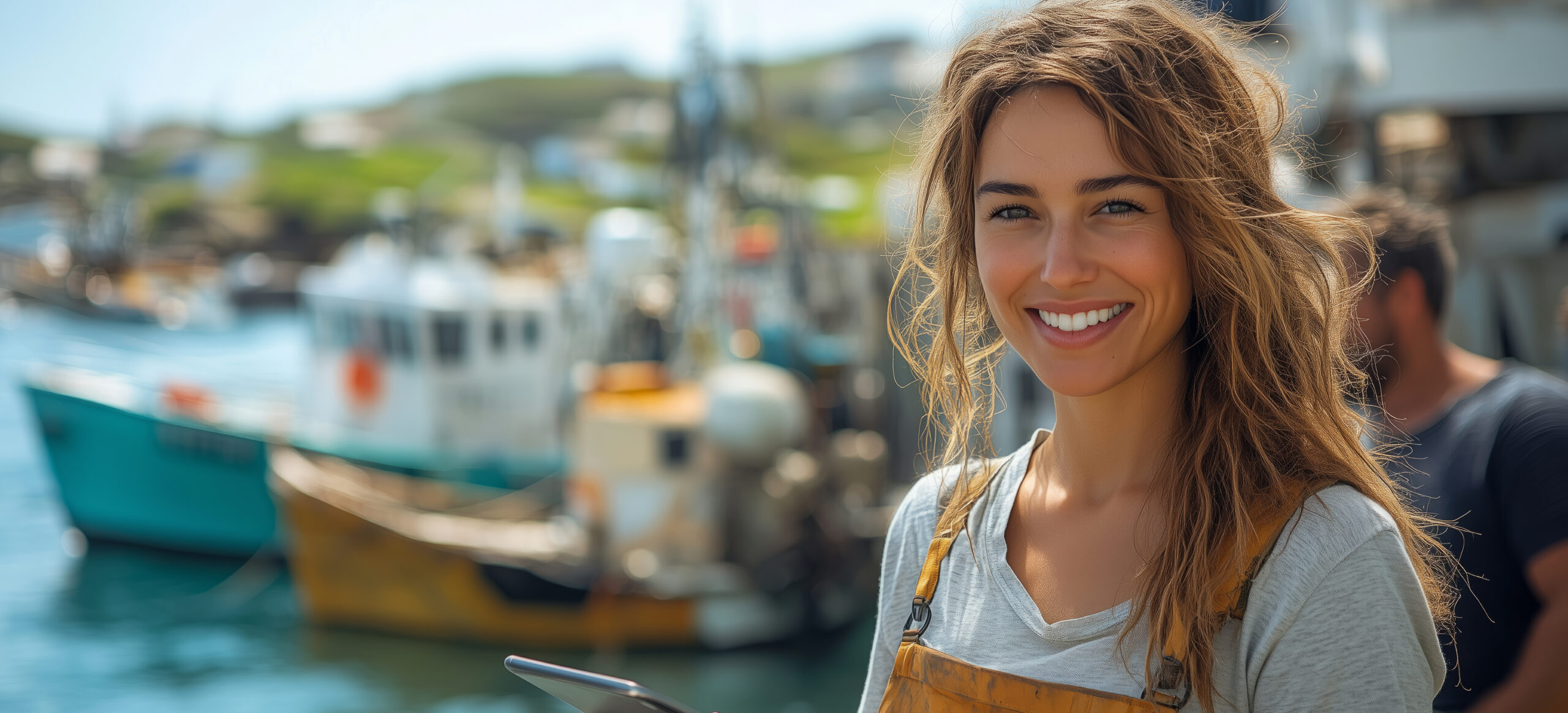 A Woman Managing A Small Fisheries Cooperative, Holding A Tablet And Discussing Logistics With Others Beside Boats, With Open Water In The Background And Space On The Right For Copy Placement Header-Bild